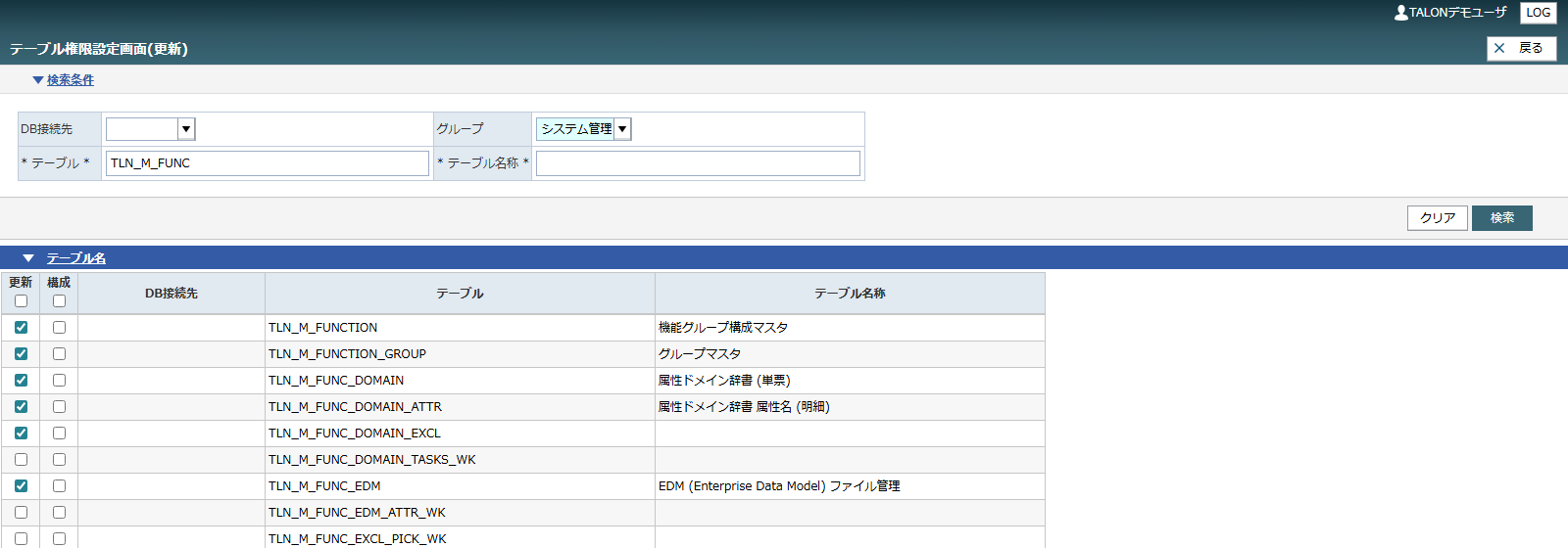 テーブル権限設定画面 — 4テーブルの「更新」をONにして確定します